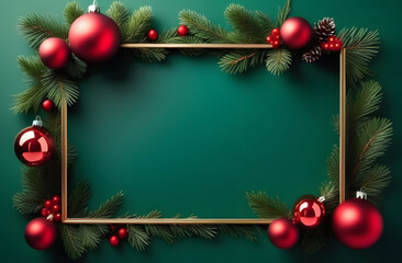 On a green background, a frame decorated with spruce branches and red Christmas toys. Free space in the middle for placing congratulations or advertising products.
