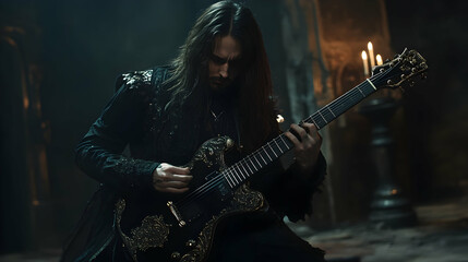 A gothic guitarist playing in a dark, shadowy setting, with a black, ornate guitar that has intricate, baroque designs