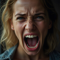 Close-up of a woman with curly hair, wide-open mouth, screaming in anger or frustration, expressive and emotional.