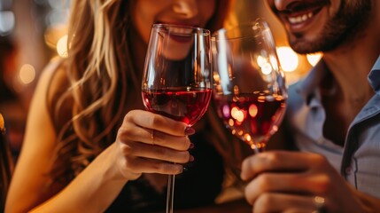 Couple sharing an intimate moment over red wine, toasting to their relationship. Perfect for romantic promotions and festive dining experiences.