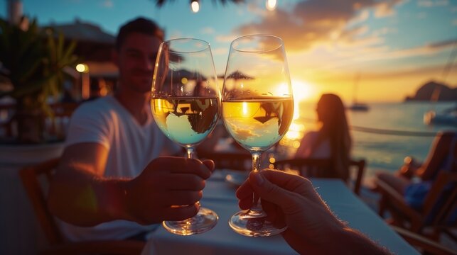 Cheerful couple toasting with glasses of white wine during a sunset by the sea. Ideal for vacation, travel, or celebration promotions.