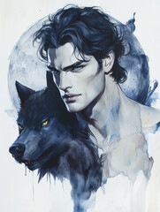 handsome man with wolf - watercolor illustration - fantasy horror romance - generative ai