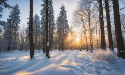 Obraz premium The sun shines through the trees in a snow-covered forest
