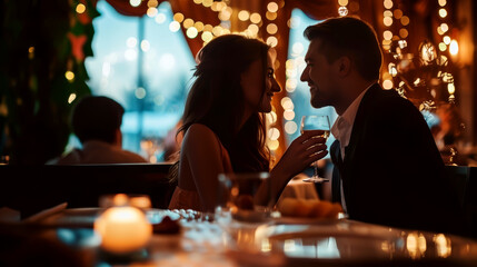 Elegant couple sharing a kiss at a candlelit dinner with wine glasses on a luxurious evening. Soft lighting and romantic ambiance make it perfect for date night and celebration themes.