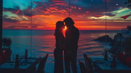 A couple silhouetted against the ocean during a sunset, enjoying a romantic dinner with a breathtaking view.