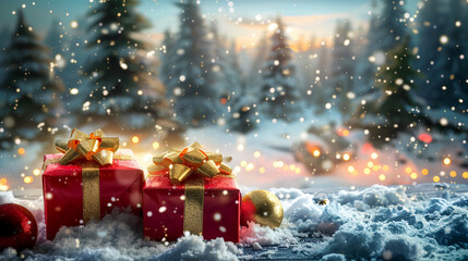 The sunlight shines on the Christmas tree, the snowflakes shimmer with gold, and red Christmas gift boxes are placed in front , Generative AI illustratution