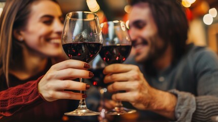 Couple sharing an intimate moment over red wine, toasting to their relationship. Perfect for romantic promotions and festive dining experiences.
