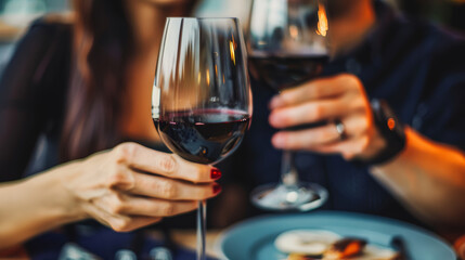 Fototapeta premium Couple sharing an intimate moment over red wine, toasting to their relationship. Perfect for romantic promotions and festive dining experiences.