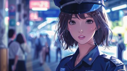 The captivating anime policewoman stands confidently amidst the vibrant nightlife, embodying strength and dedication