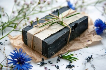 Organic Charcoal Soap with Natural Herbs and Flowers - Rustic Spa Design for Print or Poster