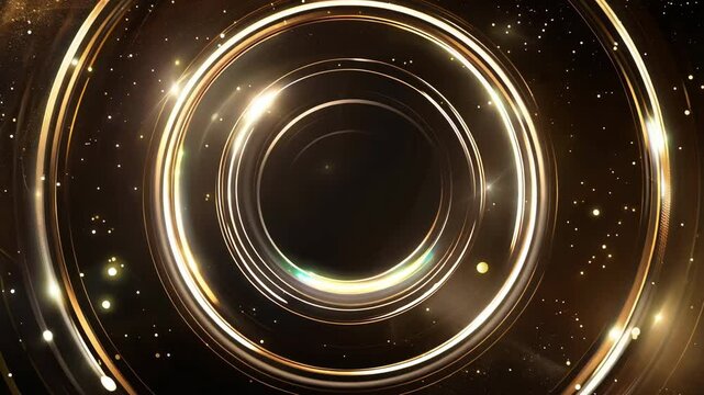 A mesmerizing circular design featuring golden rings and sparkling elements, ideal for backgrounds or digital art projects.