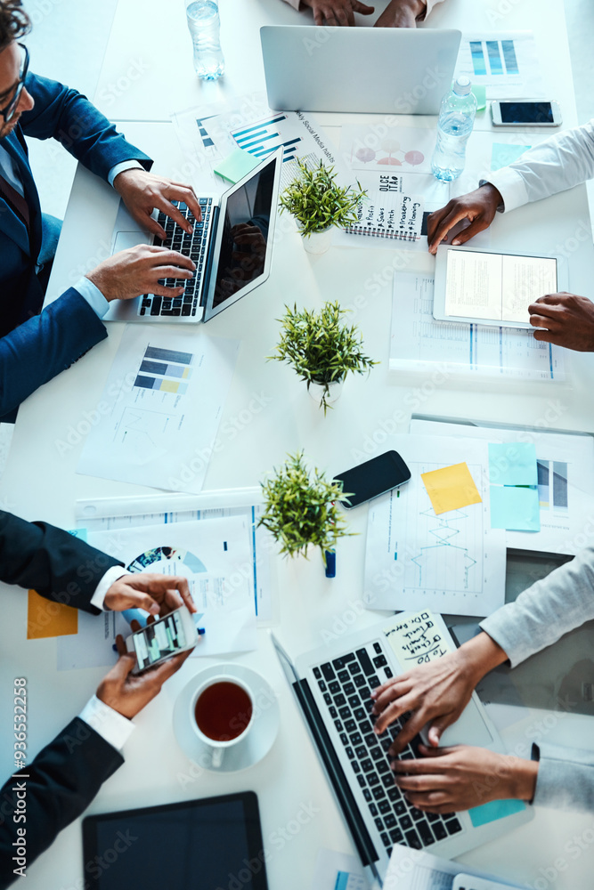 Aufkleber Business people, hands and laptop with documents above for statistics, company analytics or data at office. Top view or group of employees working on technology for corporate analysis or development