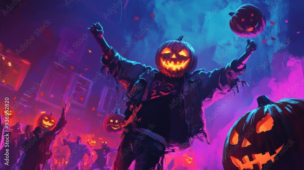 Poster a man is dancing in front of a crowd of people, with a pumpkin head on his head