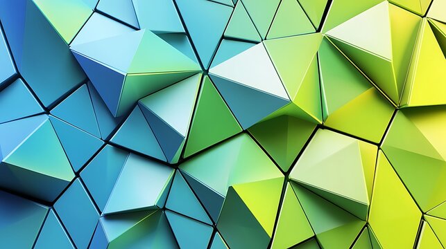 Geometric 3D triangular background. Abstract three-dimensional triangular lime green and metallic blue banner