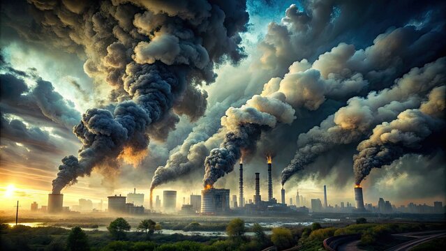 Hazardous airborne pollutants in a dark, apocalyptic atmosphere, with swirling clouds of toxic particles illuminating the dangers of environmental pollution and climate change.