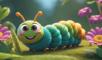 A happy, fuzzy caterpillar smiles at a pink flower in a green field