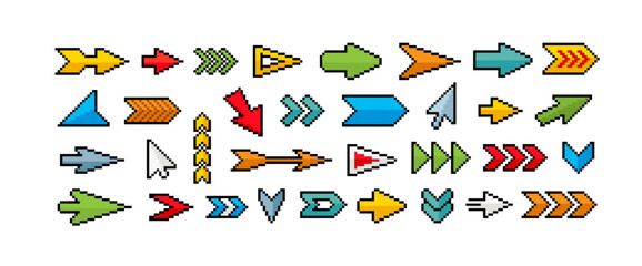 Colorful Pixel Arrow icons and Pointer signs in retro video game style. Editable 8-Bit pixel Cursors and Arrows symbols and retro game assets element. Editable Vector Isolated on white background © VRTX