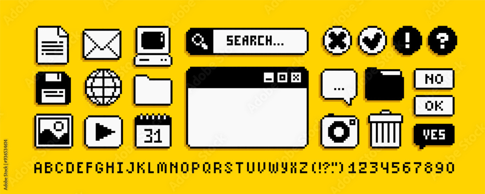 Poster PC user interface icons in 90s pixel art style (2). Retro pixel video game style office and organizer App icons set, browser, Search bar, PC window, media player. Editable pixel vector