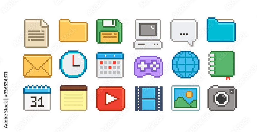 Poster PC icons set in 90s retro game style. 8-bit pixel video game style office and organizer App icons set, gamepad, browser, male, PC icon, media player. Pixel office Memo icons. Editable pixel vector