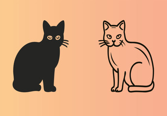 Minimalist Black and Outline Cat Duo on Warm Gradient Background - Vector Illustration