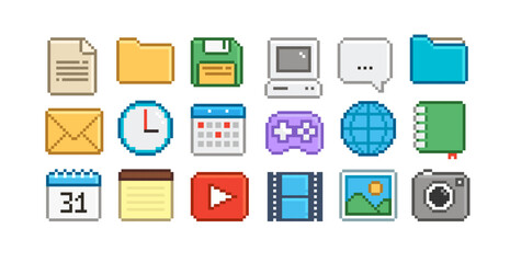 PC icons set in 90s retro game style. 8-bit pixel video game style office and organizer App icons set, gamepad, browser, male, PC icon, media player. Pixel office Memo icons. Editable pixel vector