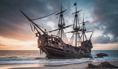 A weathered pirate ship sits beached on a sandy shore at sunset