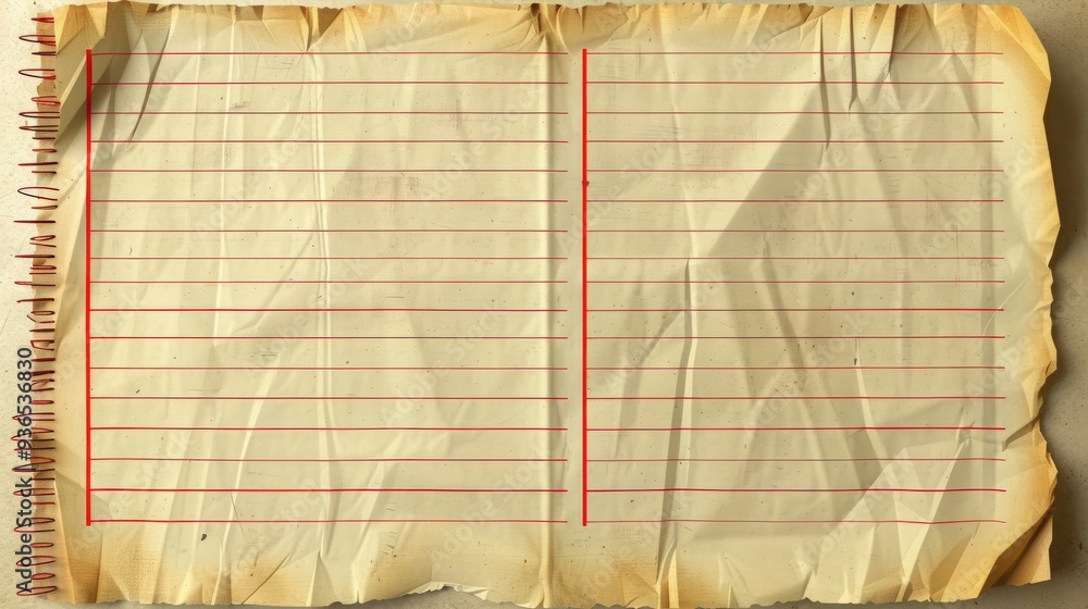 Poster yellow lined paper. blank notebook page with red left margin in old paper style background