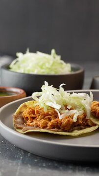 Preparing mexican chicken tinga tostadas with lettuce, vertical video