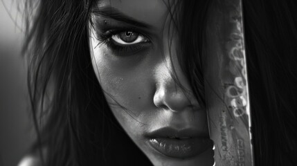 Fototapeta premium Woman With Knife. Horror Black-and-White Image Featuring a Scary Adult with a Blade