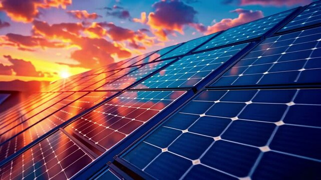 Solar panels park at sunset. generating green energy electric. Green energy reduce carbon emissions and makes earth cleaner and more ecological. Alternative energy,green energy