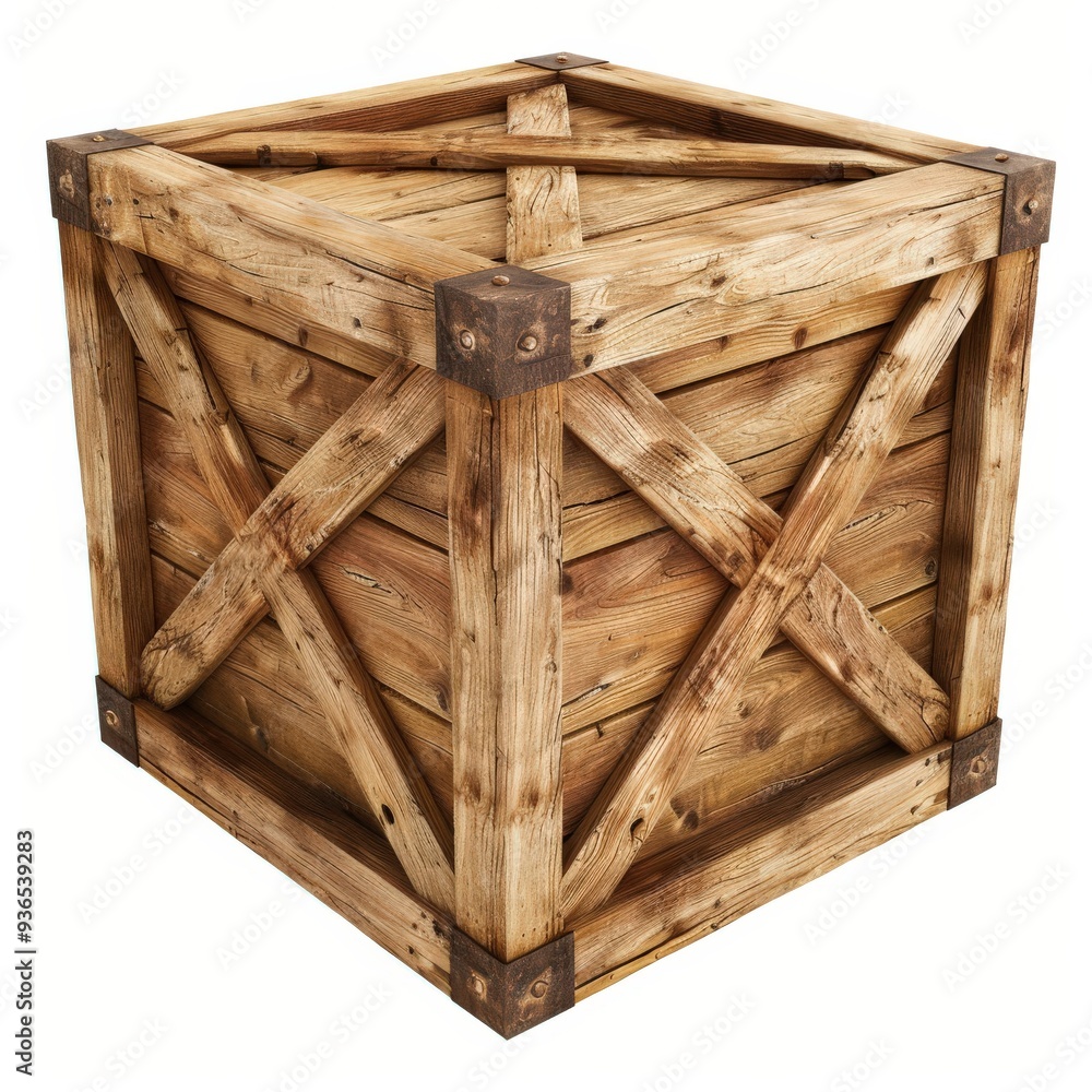 Poster wooden crate 3d render. box packaging for delivery and storage in isolated white background
