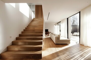 Wood Staircase Inside Contemporary White Modern House: Interior Home Design