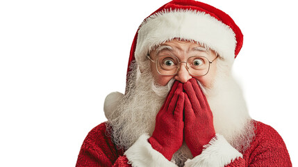 portrait of a surprised santa claus covering his mouth, high res png cutout