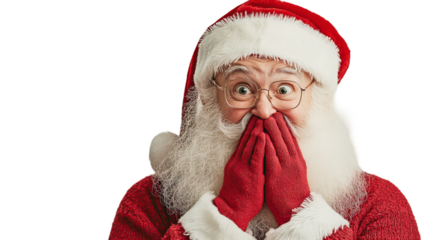portrait of a surprised santa claus covering his mouth, high res png cutout