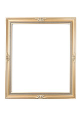 An ornate gold picture frame with intricate detailing and a classic design, suitable for displaying artwork or photographs. Transparent background.