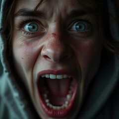 Close-up of a young woman with an intense expression, wide-open mouth in a scream, conveying fear or shock.