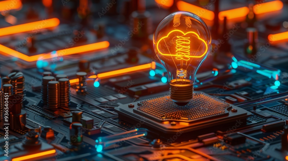 Poster illuminating innovation cloud computing concept depicted by glowing light bulb on circuit board