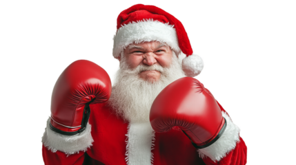 santa claus with boxing gloves isolated, transparent png cutout