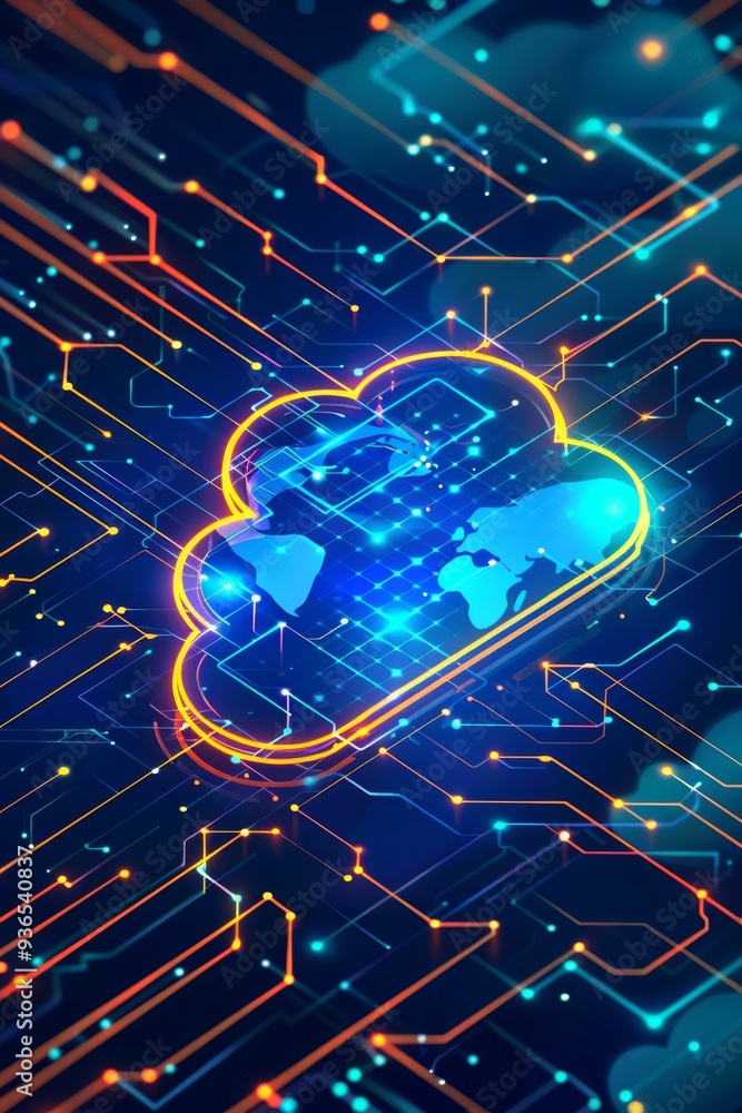Aufkleber global cloud computing, network connections and data exchange, technology abstract background