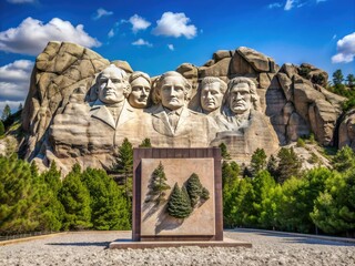 Fototapeta premium Historic plaque displaying the 50 US states and six territories, situated near the iconic Mount Rushmore presidential monument in South Dakota's Black Hills region.