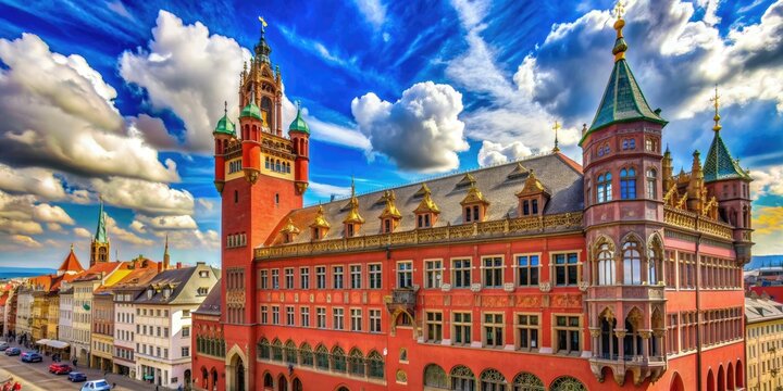 Historic red-brick Rathaus building in Basel, Switzerland, features a striking steeple and clock tower against a vibrant blue sky with fluffy white clouds.