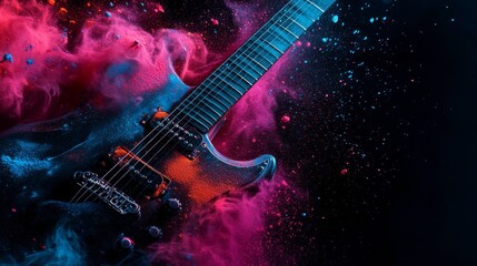 A close up of a guitar in colored powder
