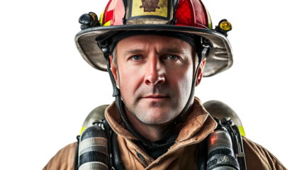 portrait of a firefighter in his uniform and helmet isolated on white background