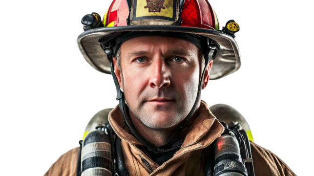 portrait of a firefighter in his uniform and helmet isolated on white background