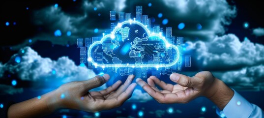 Two Hands Supporting A Glowing Cloud Icon With World Map and Data Flow Over A Cloudy Sky.