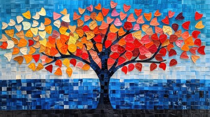 tree of life, mosaic painting, illustration, abstract art, design scene, wallpaper, abstract background