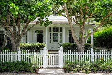 Fototapeta premium White Beach Wood. Picket Fence of American Home with Front Door and Green Yard
