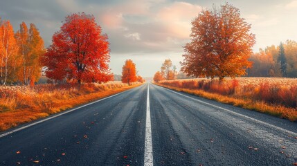 Fototapeta premium Autumnal road scene with vibrant fall colors, characterized by orange and yellow leaves on trees and ground, and a road curving into the distance