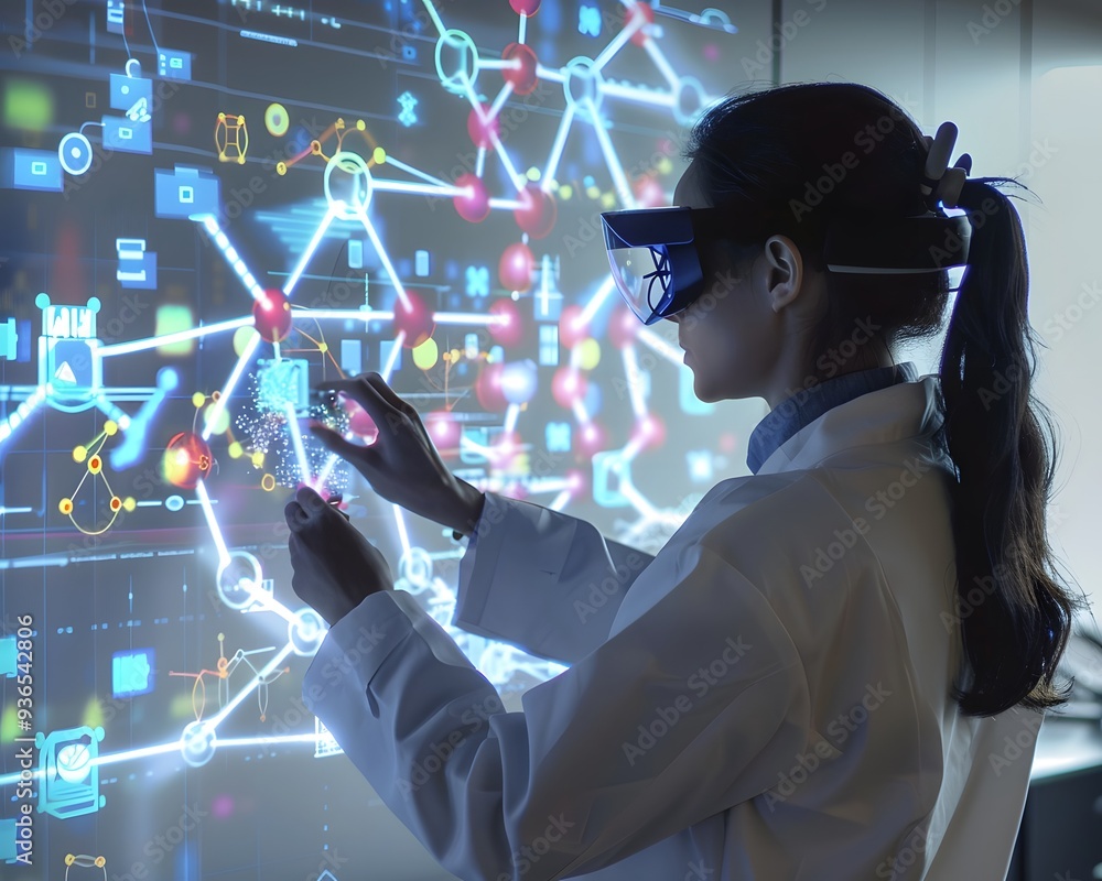 Poster a scientist in a lab coat interacts with a digital interface, using augmented reality technology to 