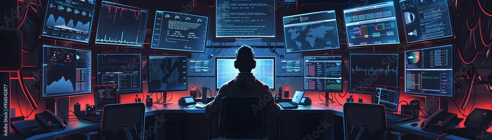 Poster a silhouette of a person monitoring multiple computer screens in a high-tech control room, highlight